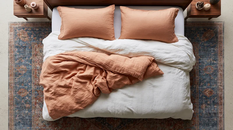 Overhead view of a bed with white and terracotta bedding on a patterned blue rug in a modern bedroom