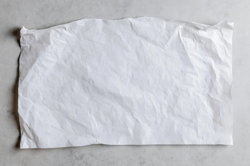 Crumpled white paper sheet lying flat on a gray concrete surface