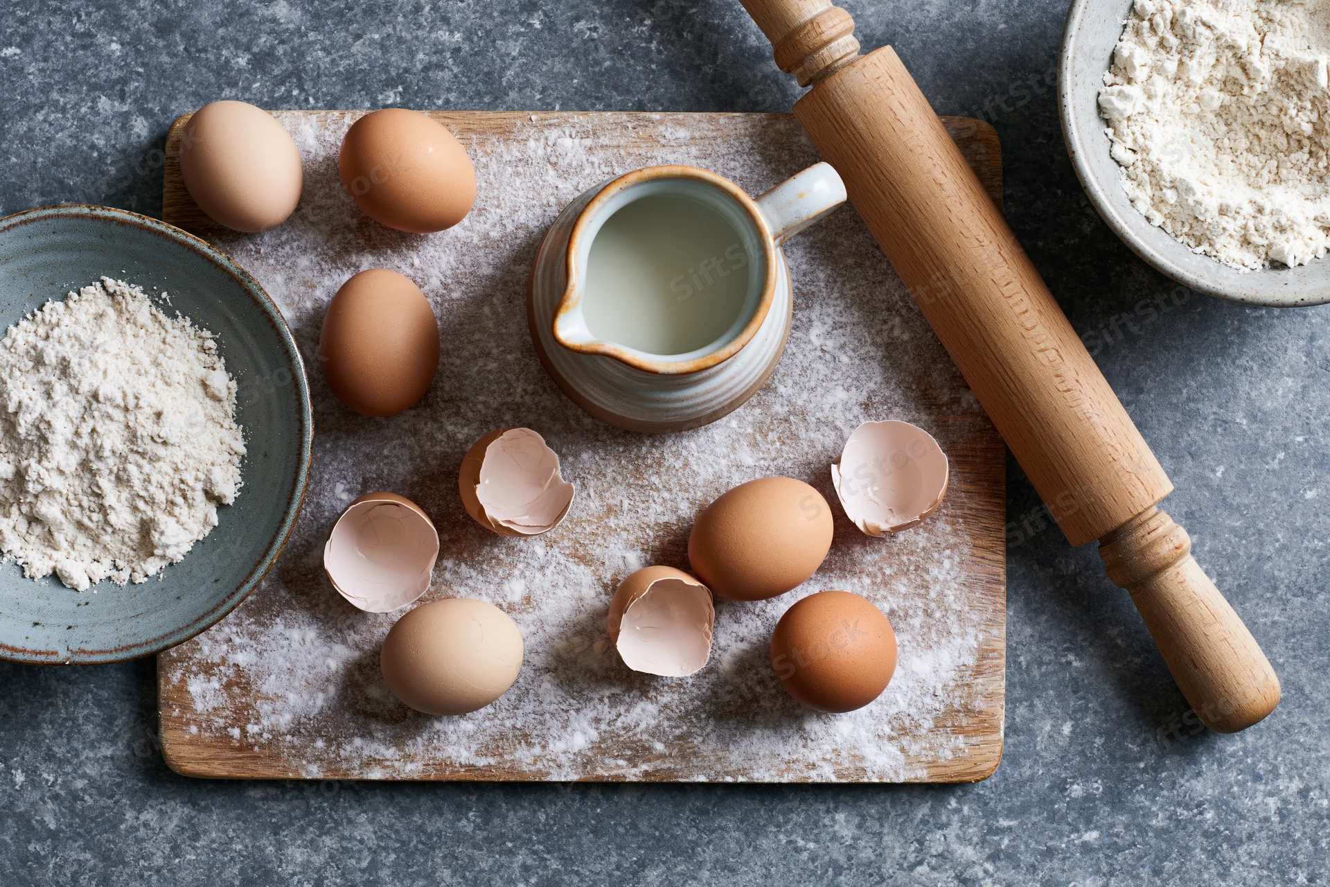Baking ingredients including flour, eggs, milk and rolling pin arranged on a wooden cutting board on a gray countertop
