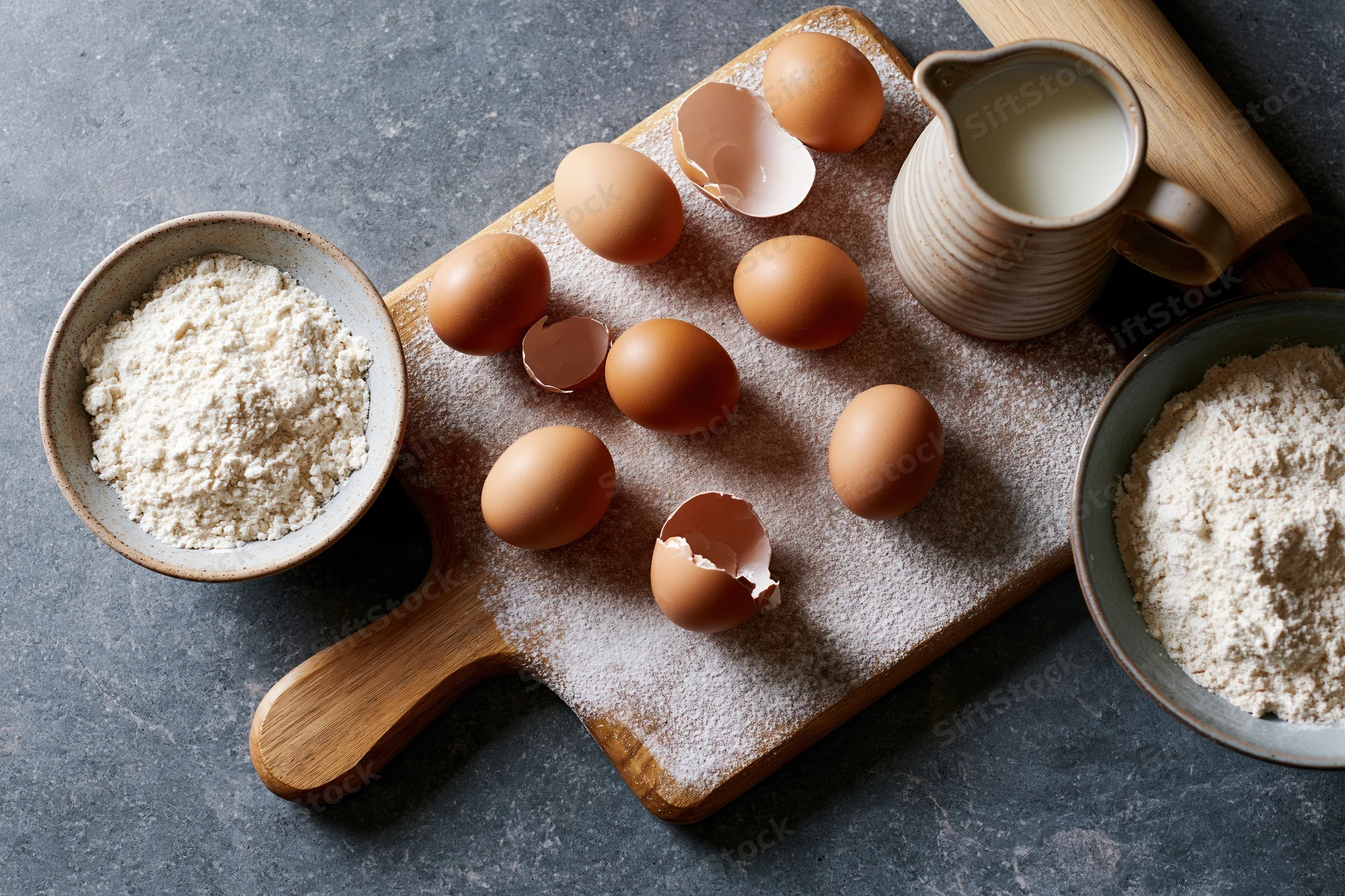 Eggs and flour arranged on a wooden cutting board with milk and bowls for baking preparation