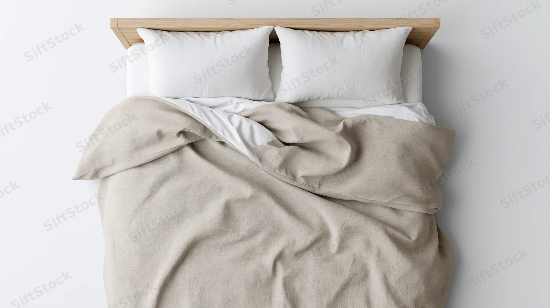 Unmade bed with beige duvet and white pillows against white wall, viewed from above