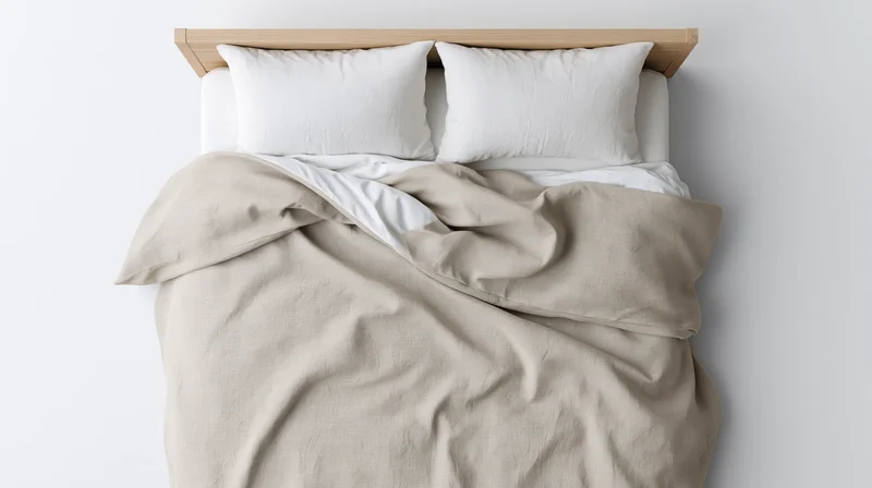 Unmade bed with beige duvet and white pillows against white wall, viewed from above