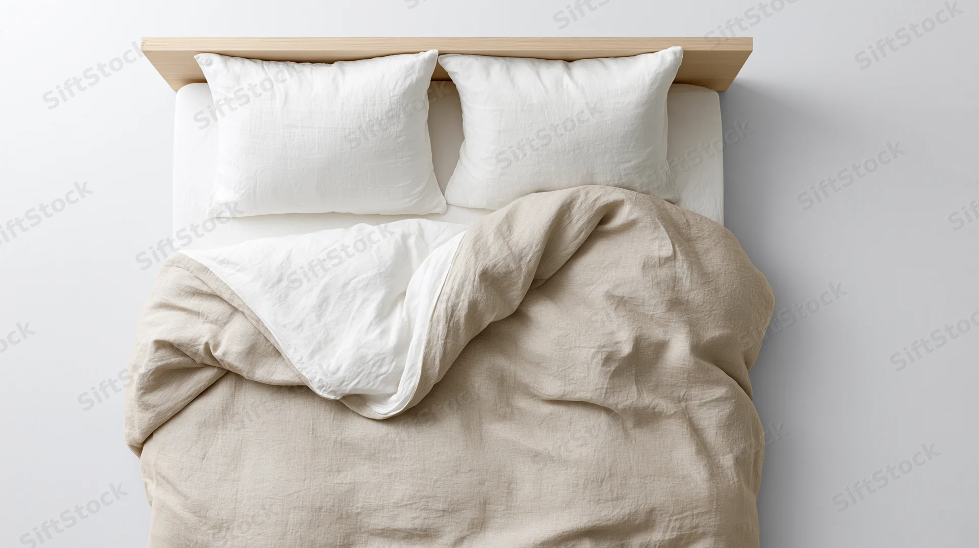 Unmade bed with white pillows and beige duvet in minimalist bedroom