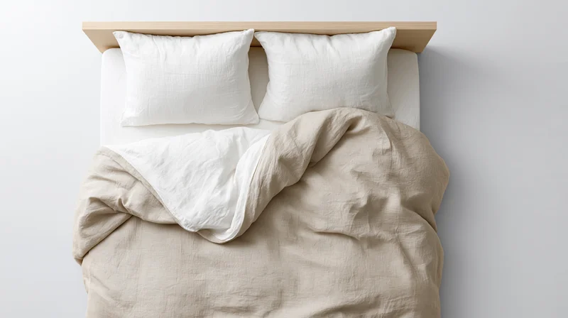 Unmade bed with white pillows and beige duvet in minimalist bedroom