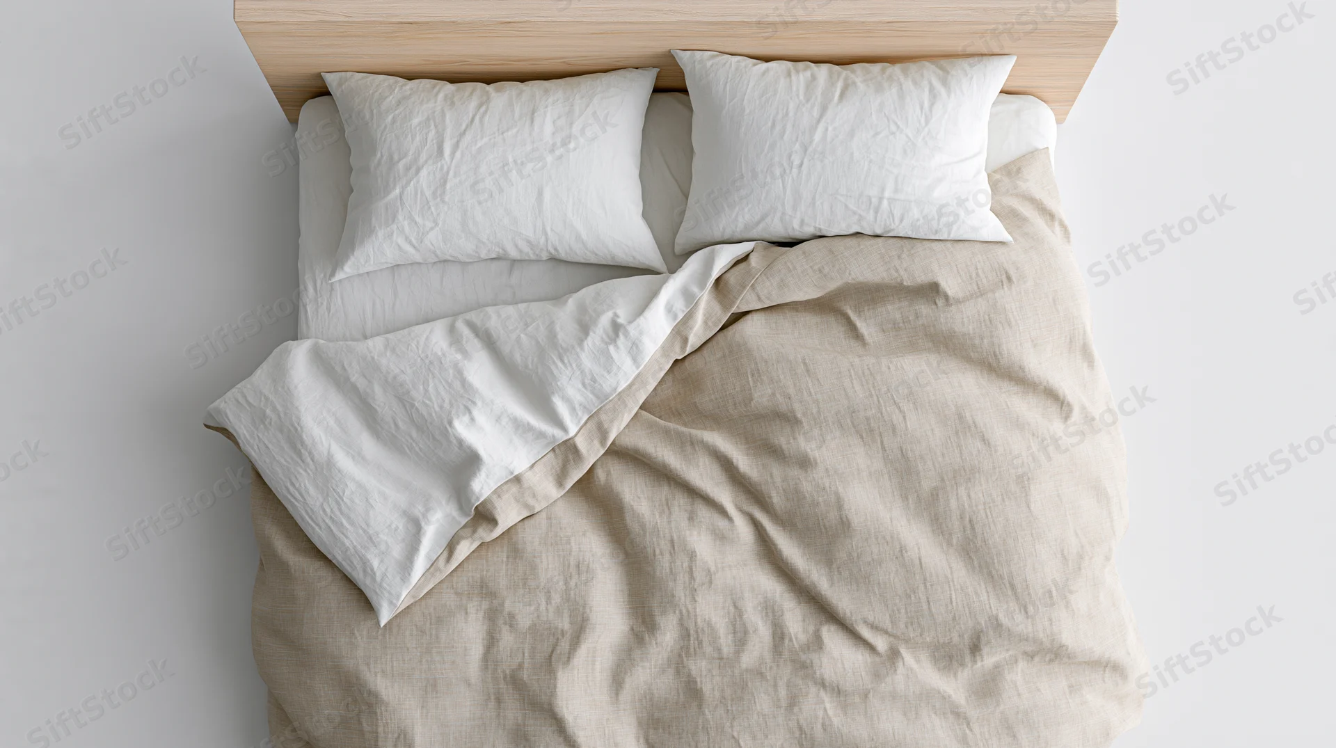 Overhead view of unmade bed with white and beige linen bedding and wooden headboard in minimalist bedroom