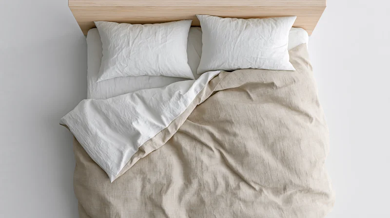 Overhead view of unmade bed with white and beige linen bedding and wooden headboard in minimalist bedroom