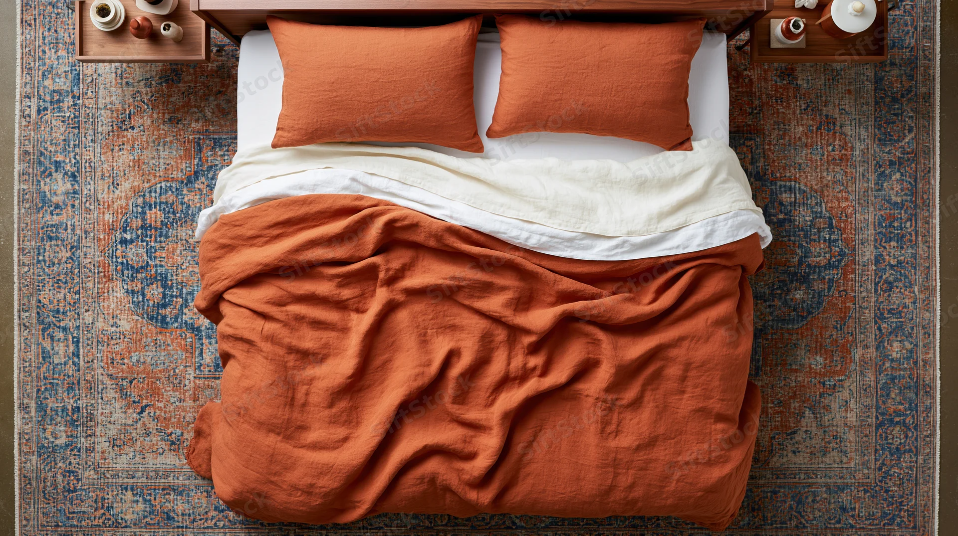 Overhead view of a bed with orange and white bedding on a patterned rug in a bedroom