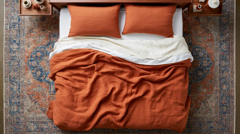 Overhead view of a bed with orange and white bedding on a patterned rug in a bedroom