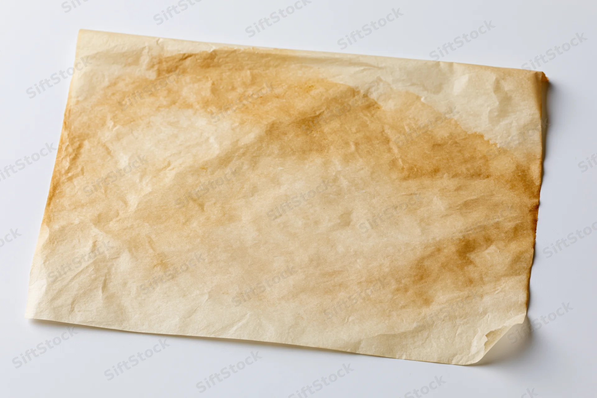 Crumpled aged parchment paper on white background with copyspace