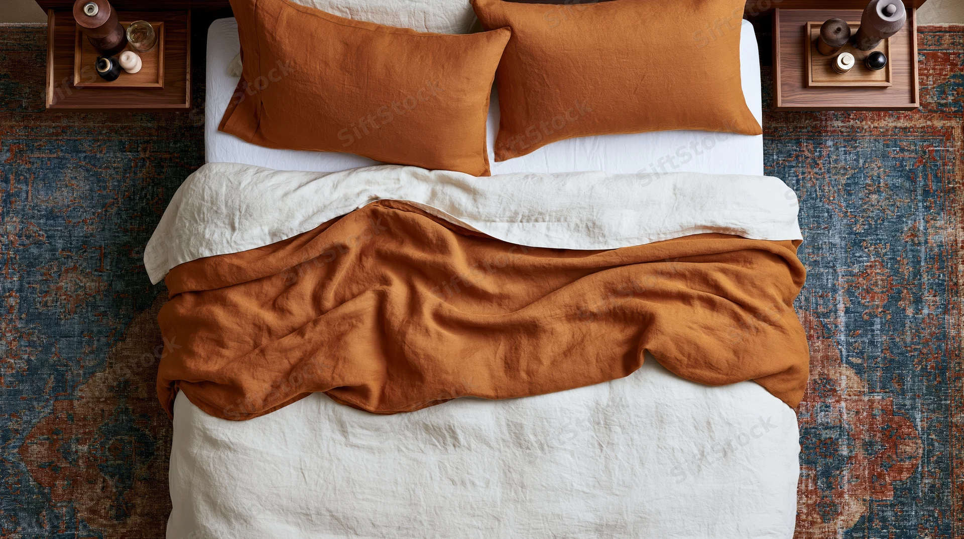 Overhead view of a bed with orange and white linen bedding on a patterned rug in a bedroom