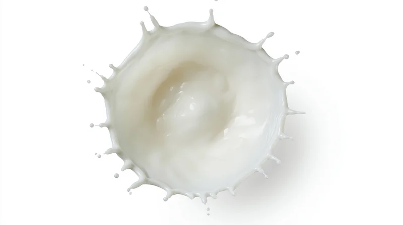 Milk splash captured in mid-air against white background