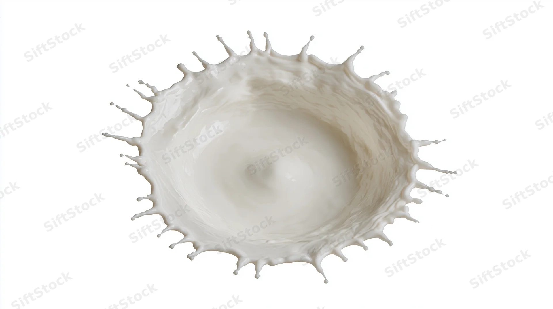 Milk splash captured mid-air against white background
