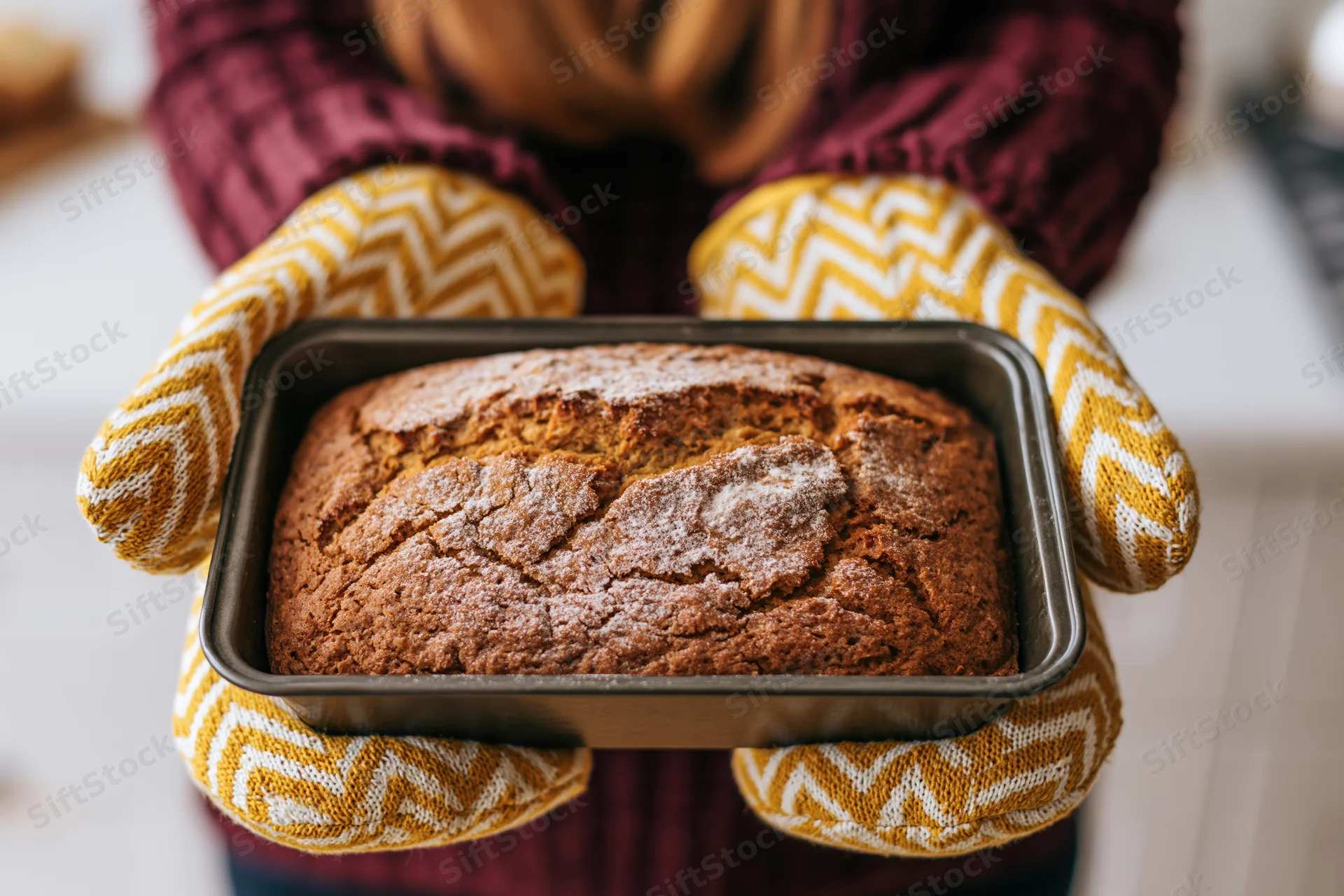 Woman holding freshly baked bread in oven mitts in kitchen