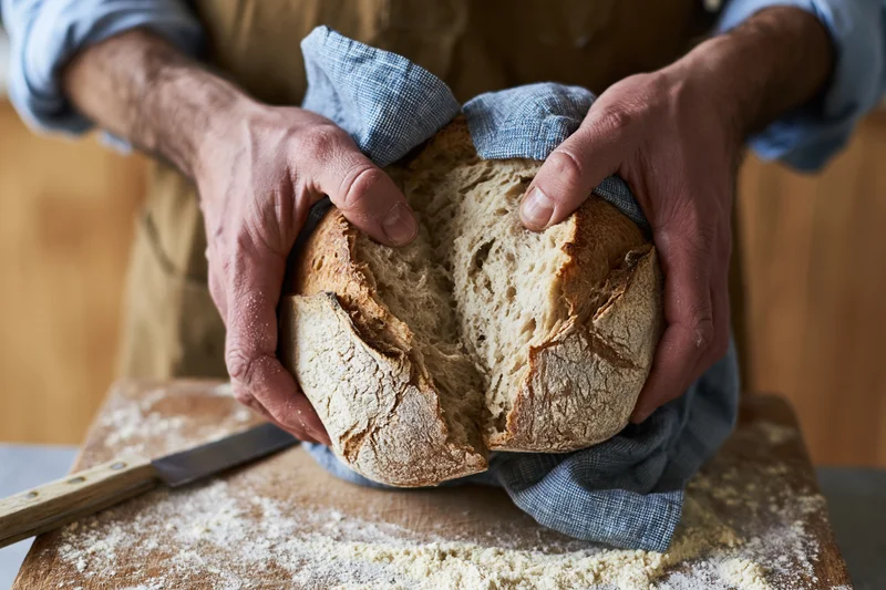 Baker holding a freshly baked sourdough loaf on a floured wooden board