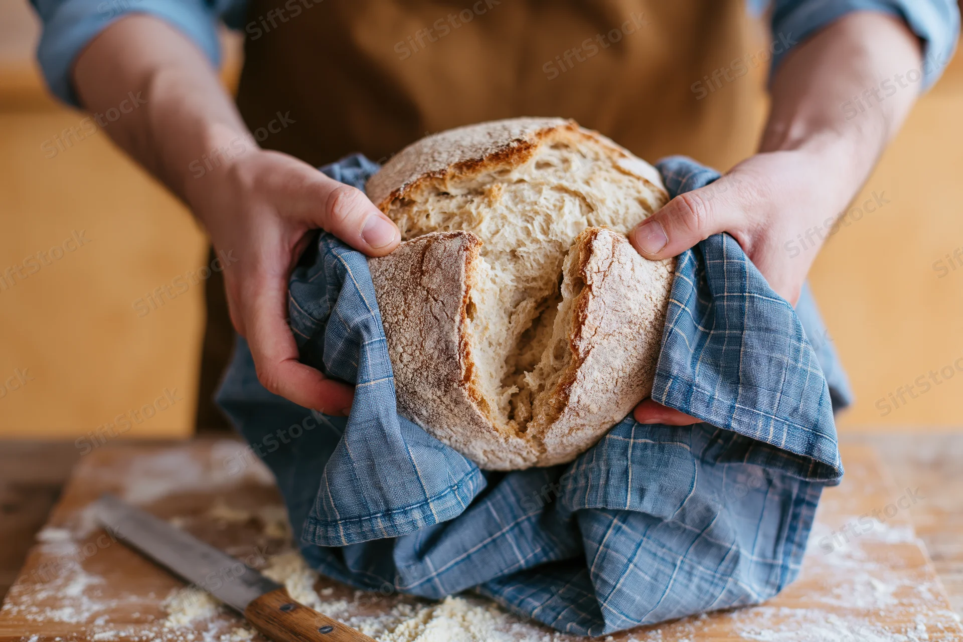 Baker holding freshly baked sourdough loaf wrapped in blue checkered cloth on wooden cutting board