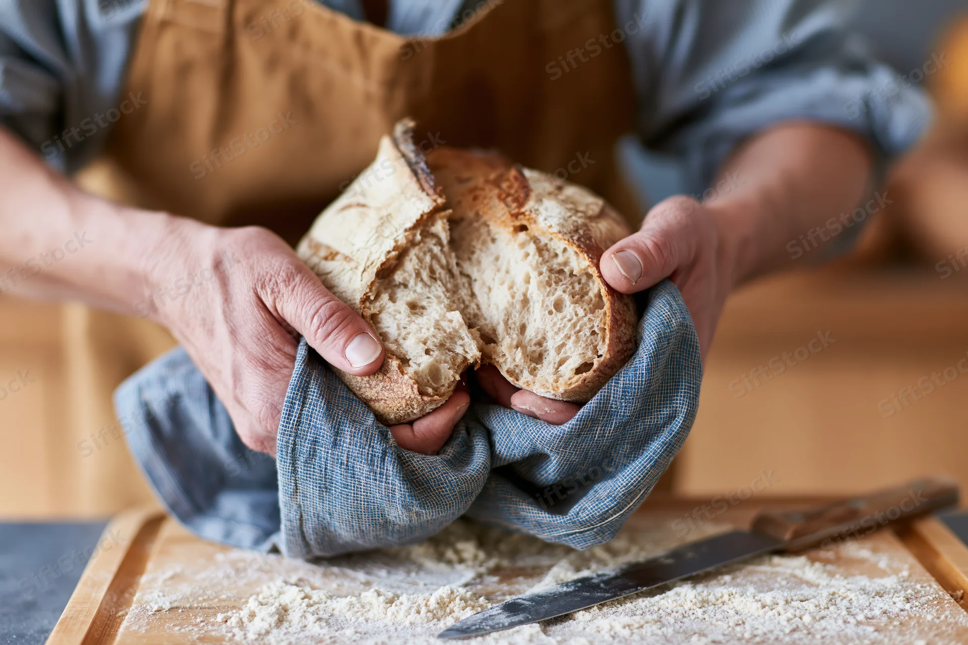 Baker holding freshly baked sourdough bread with hands wrapped in cloth over a floured cutting board