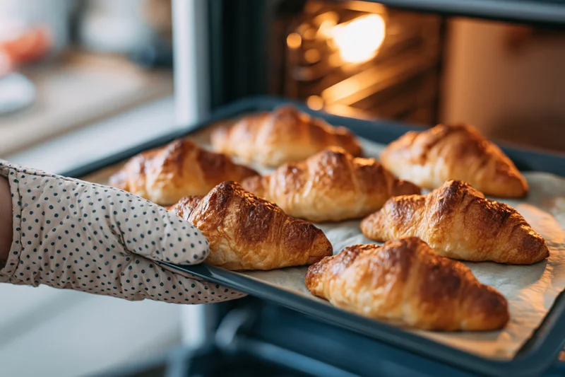 Hand in polka-dot oven mitt holding tray of golden baked croissants near oven
