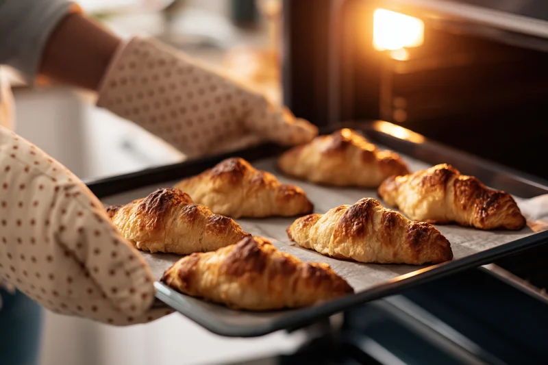 Woman removing tray of golden baked croissants from oven in kitchen