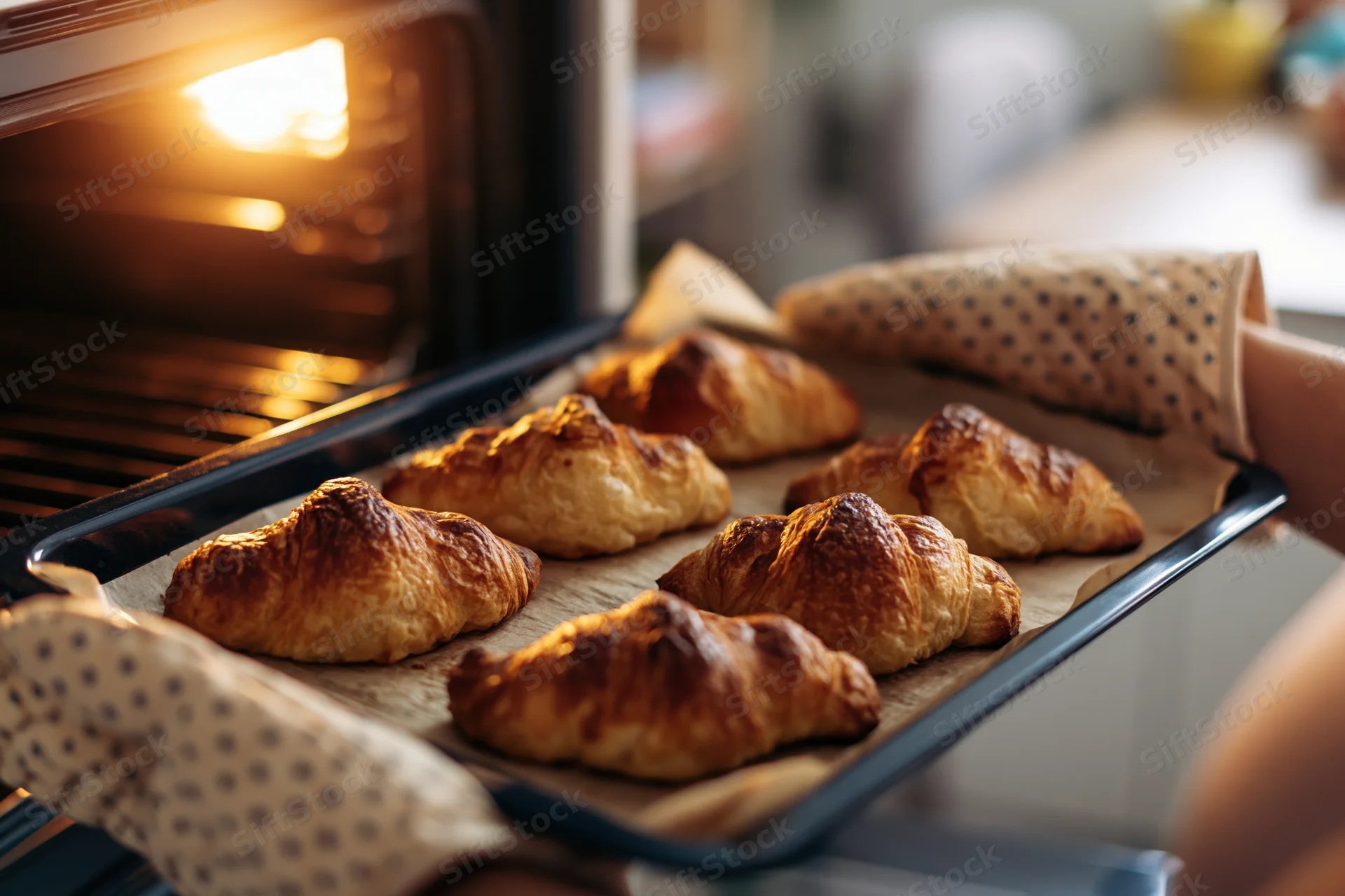 Woman holding tray of freshly baked croissants near oven in kitchen