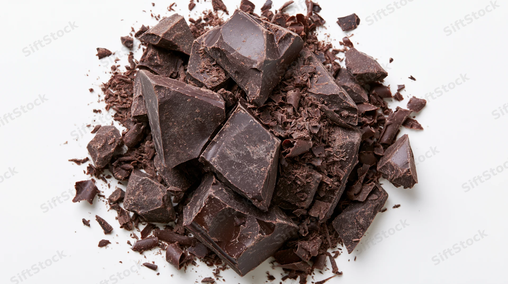 Broken dark chocolate pieces piled on white background