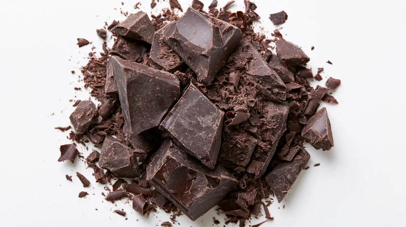 Broken dark chocolate pieces piled on white background