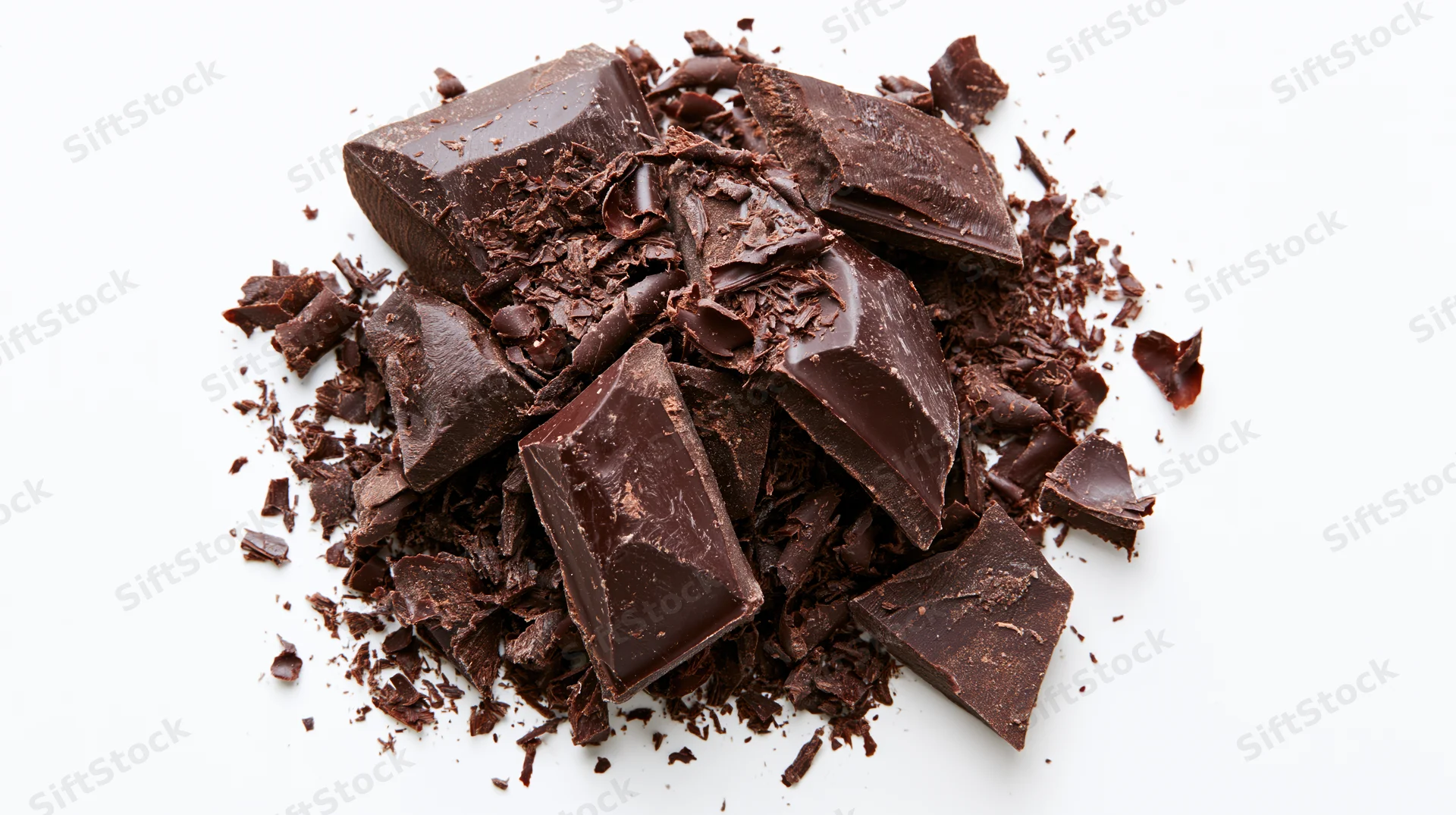 Broken dark chocolate pieces piled on white background