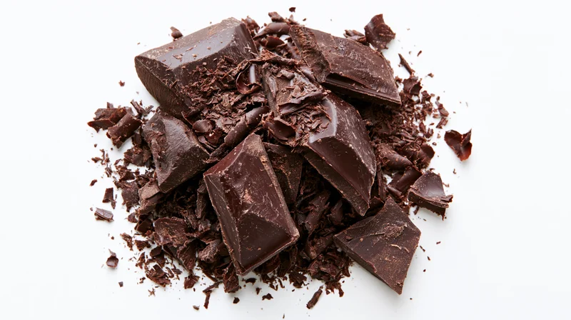 Broken dark chocolate pieces piled on white background