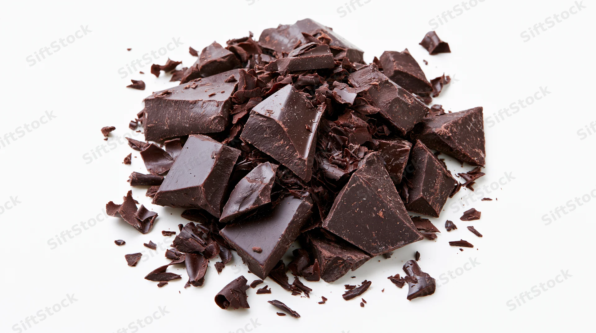 Broken dark chocolate pieces piled on white background