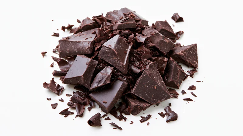 Broken dark chocolate pieces piled on white background