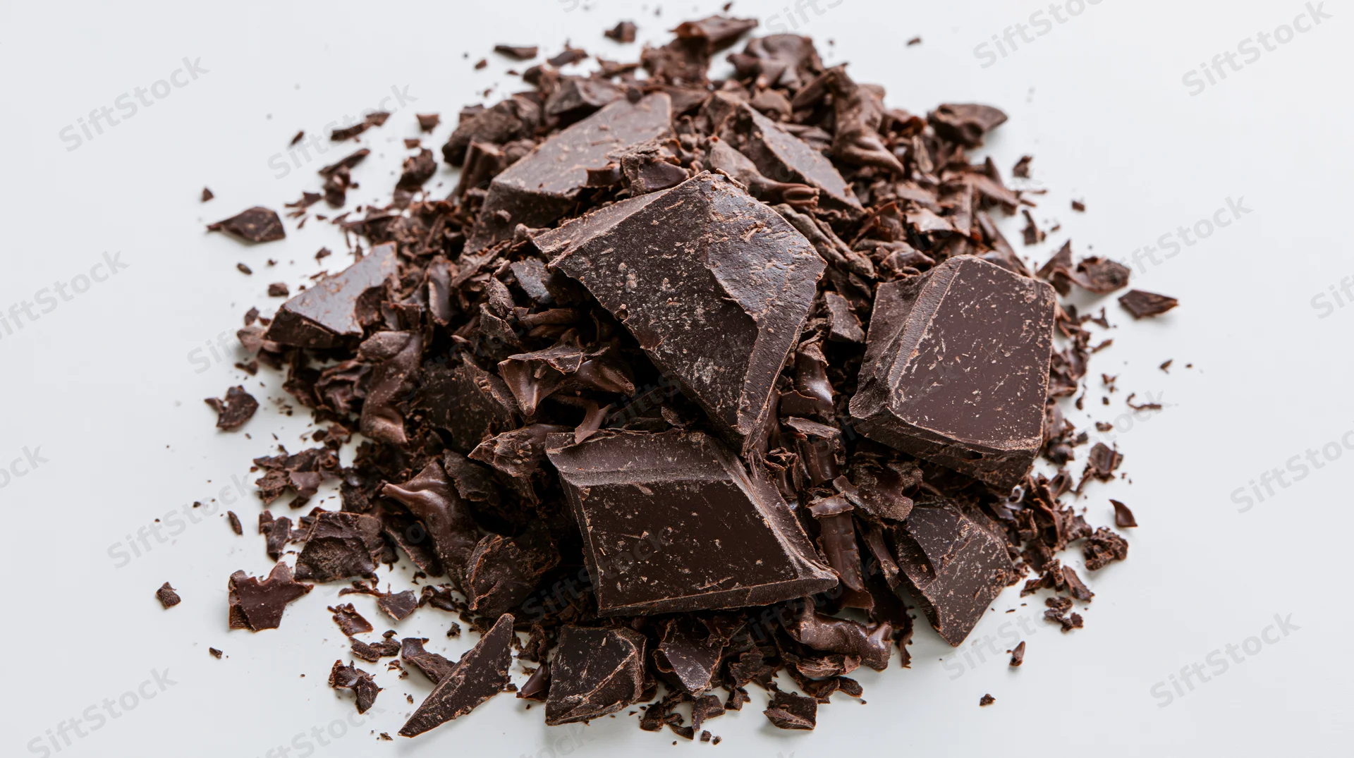 Pile of broken dark chocolate pieces on white background