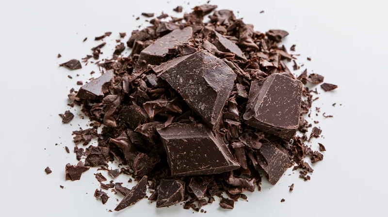 Pile of broken dark chocolate pieces on white background