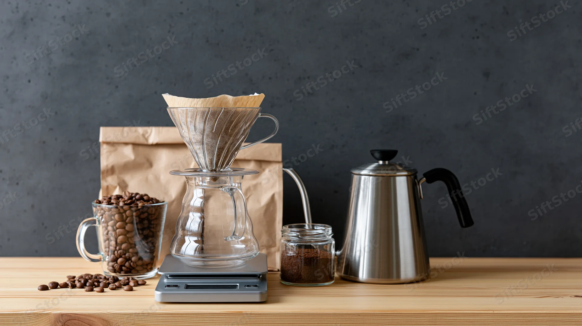 Coffee brewing setup with pour over glass carafe, stainless steel kettle, beans, grinder, and scale on wooden table