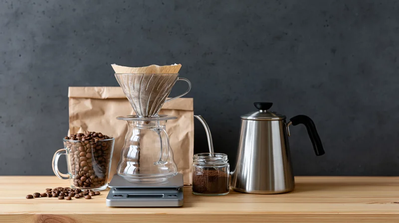 Coffee brewing setup with pour over glass carafe, stainless steel kettle, beans, grinder, and scale on wooden table
