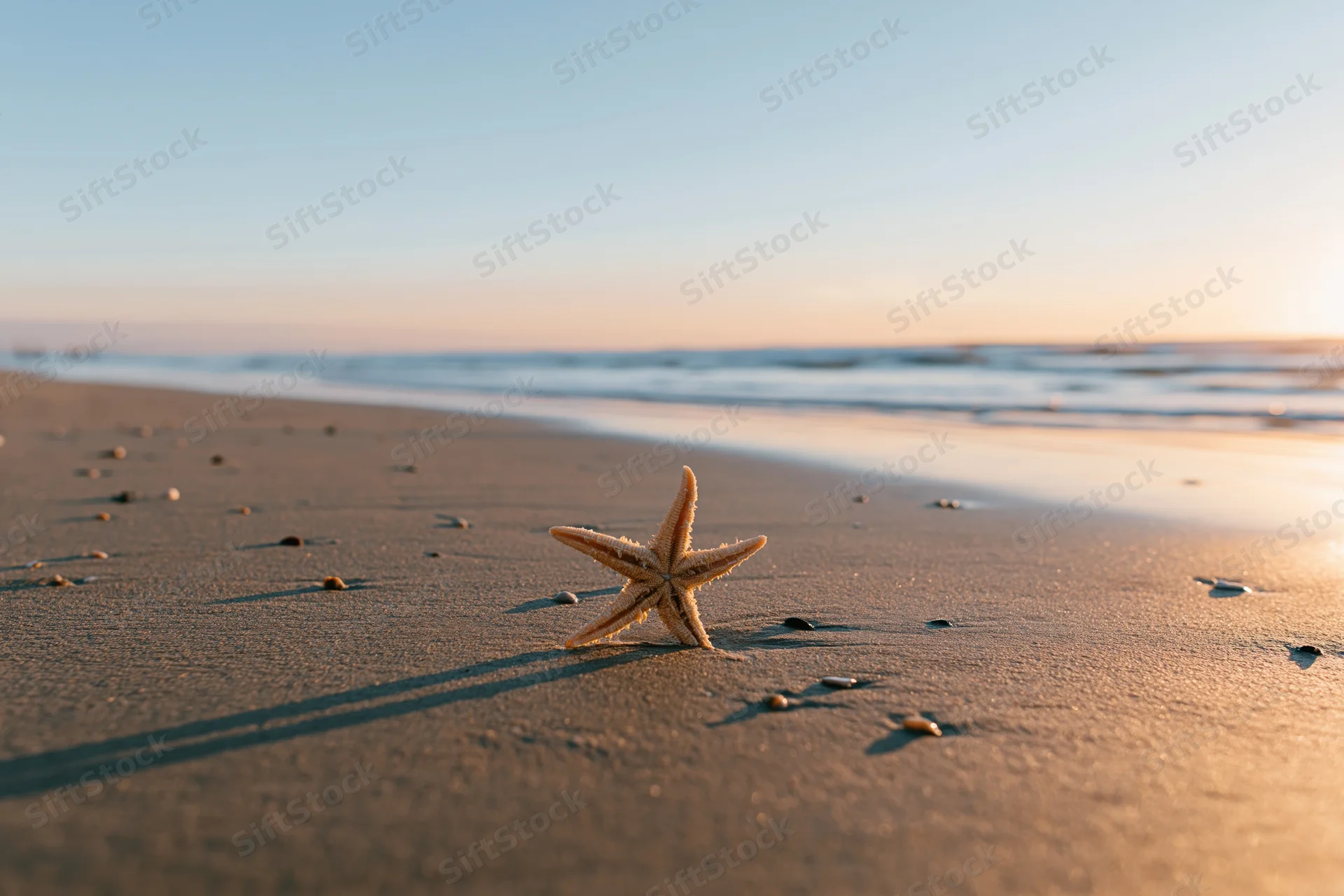 Starfish resting on sandy beach at sunset with ocean waves in background