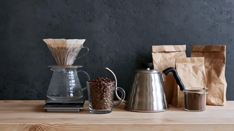 Coffee brewing setup with pour over dripper, gooseneck kettle, beans, and grinder on wooden countertop