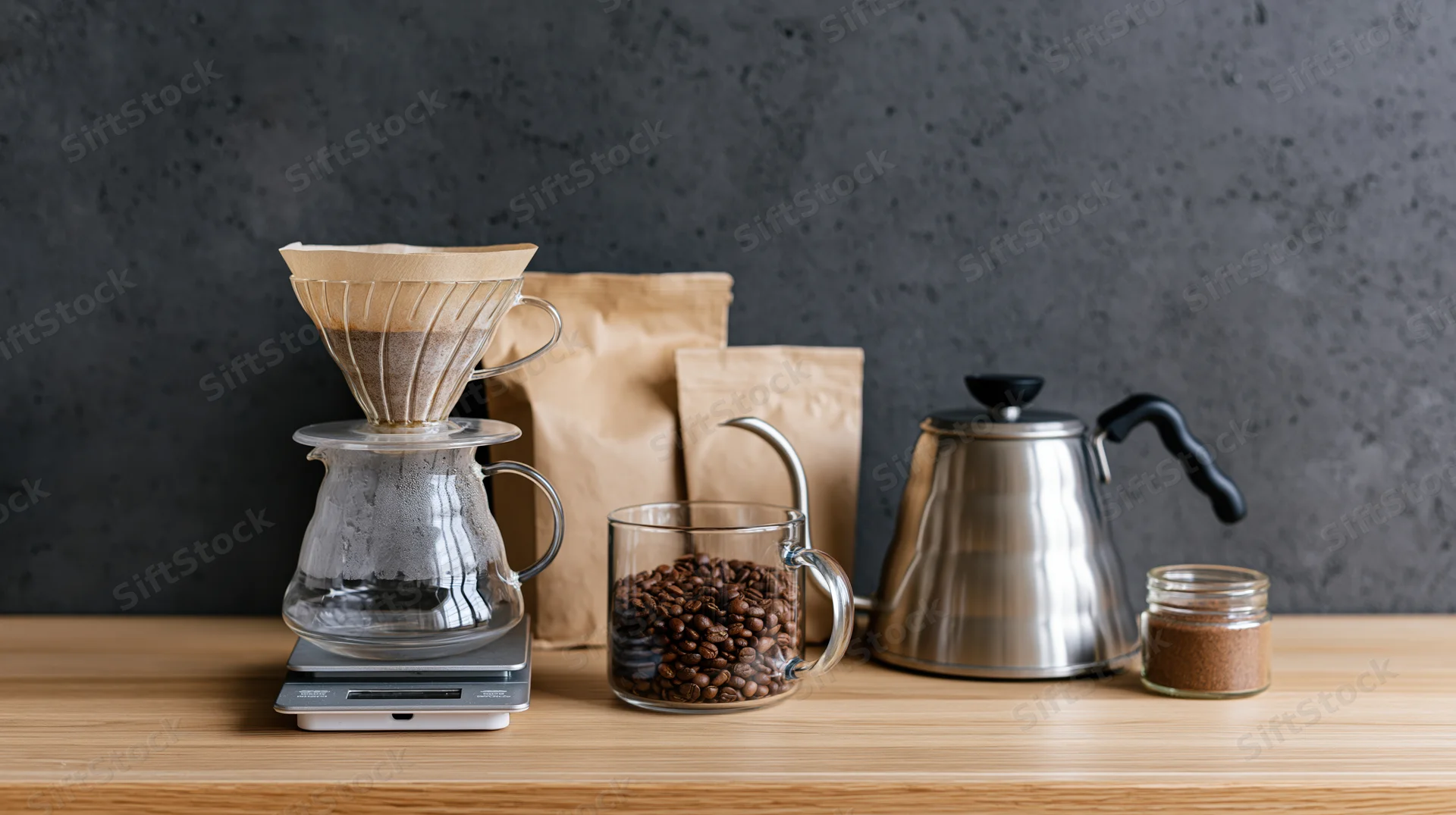 Coffee brewing setup with pour over filter, kettle, beans and scale on wooden countertop