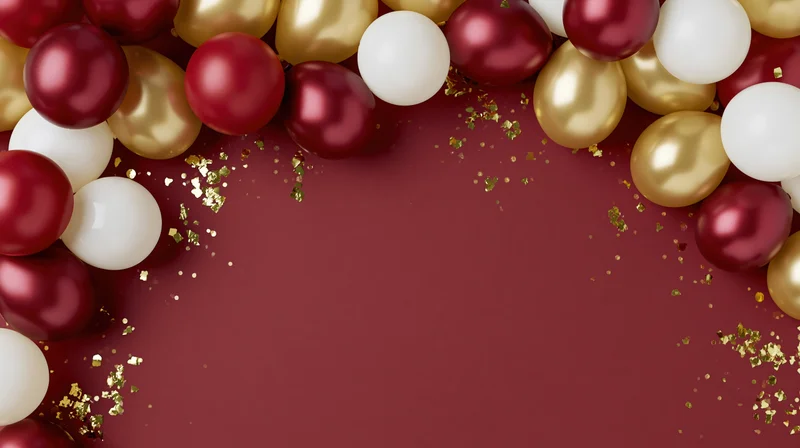 Red gold and white balloons arranged in a curved frame with glitter on maroon background