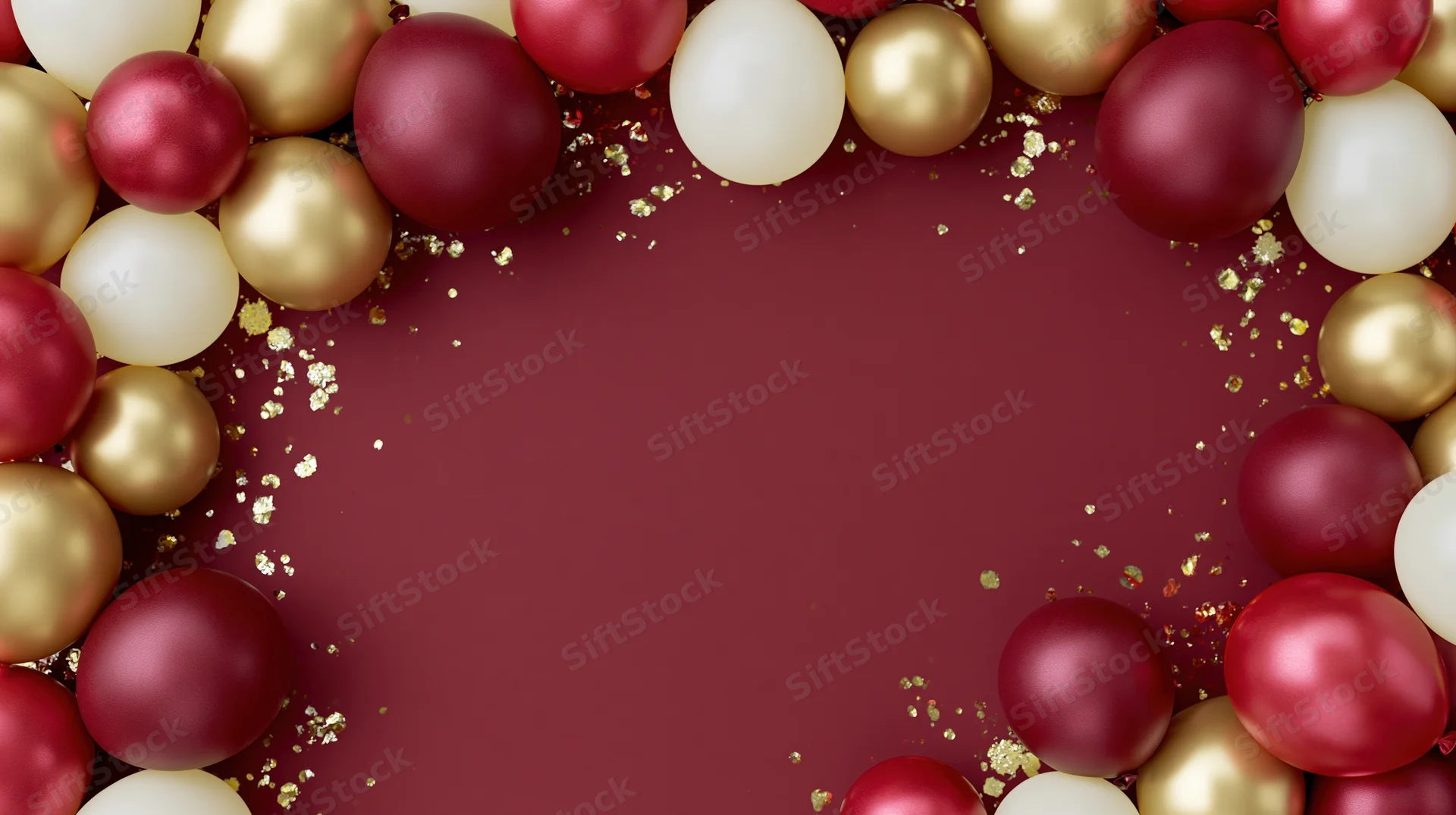 Red gold and white christmas ornaments arranged in a circular frame with glitter on a deep red background providing copyspace