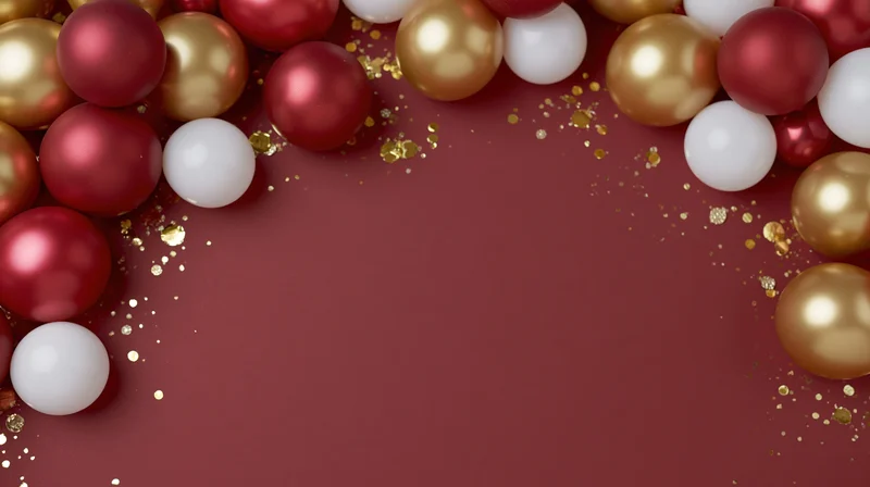 Red gold and white christmas ornaments arranged in circular frame on maroon background with glitter and copyspace