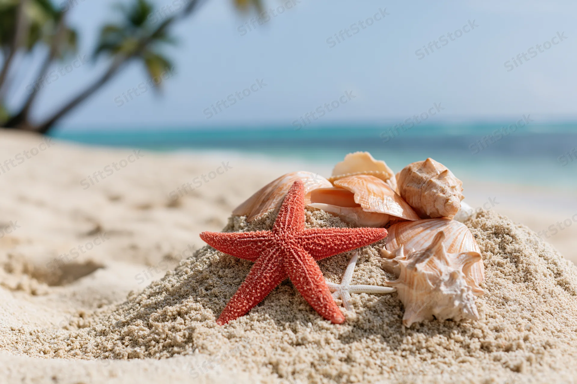 Red starfish and seashells arranged on sand mound at tropical beach with ocean and palm tree in background