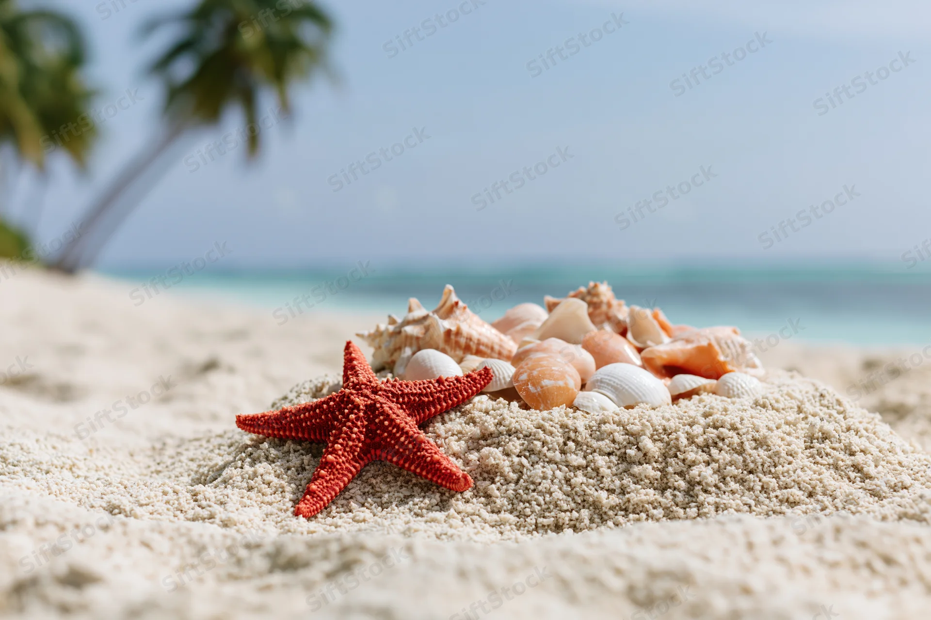 Red starfish and seashells arranged on sand at tropical beach with palm trees and ocean in background