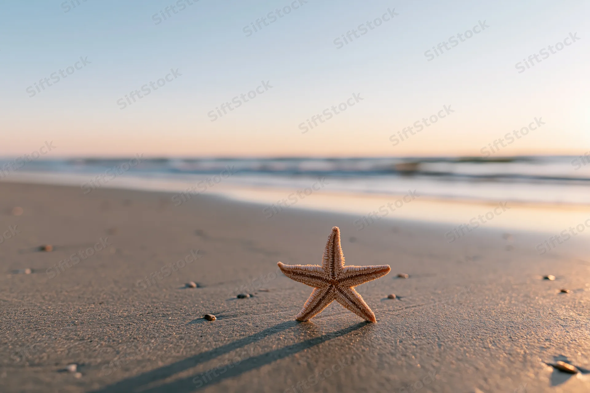 Starfish resting on wet sand at beach during sunset