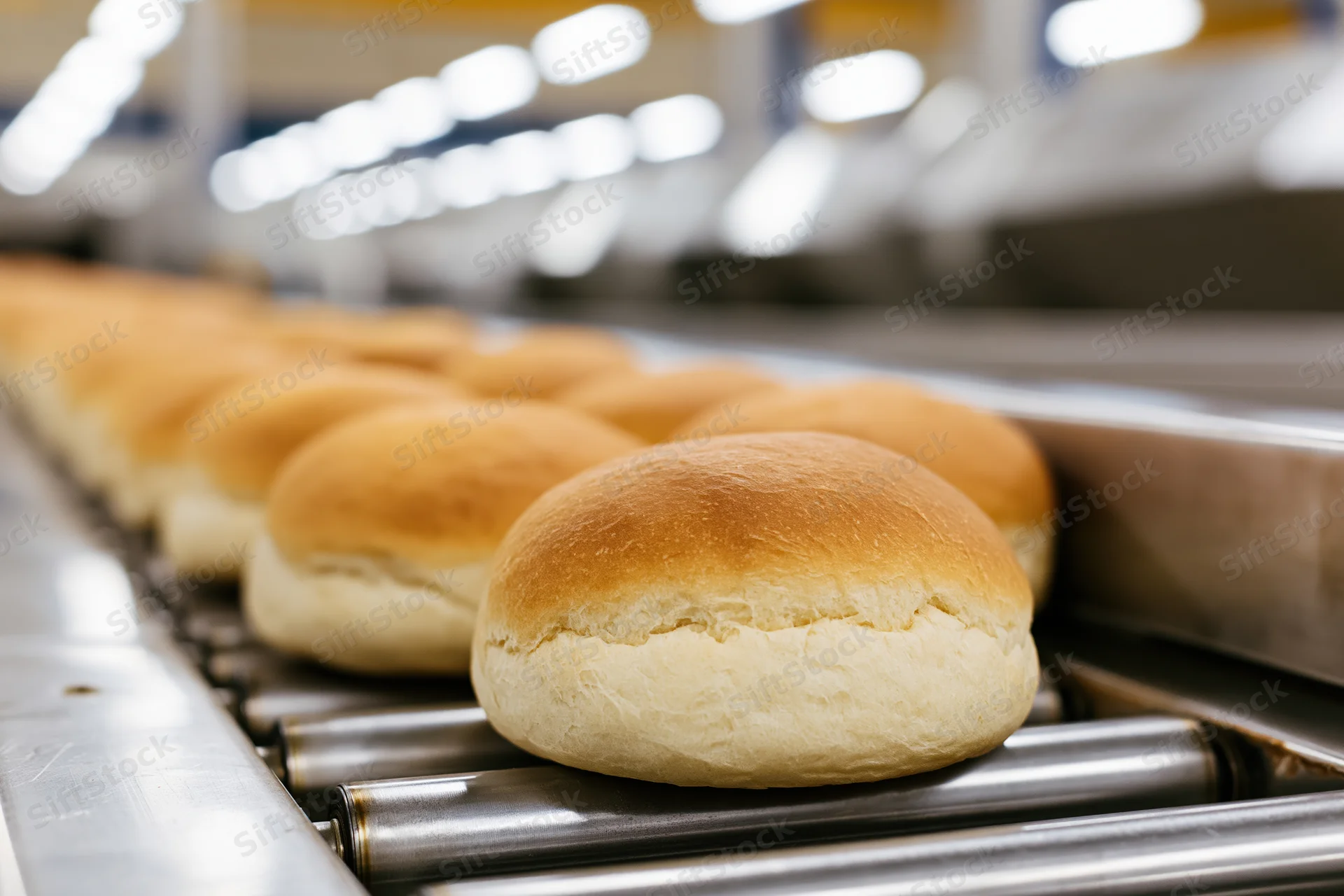 Freshly baked buns moving along a conveyor belt in a factory