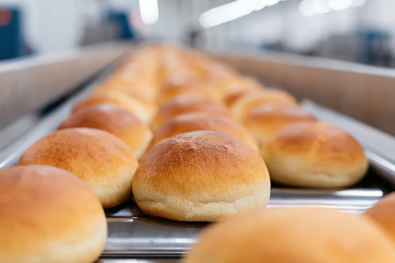 Freshly baked golden bread rolls moving along a metal conveyor in a bakery production line