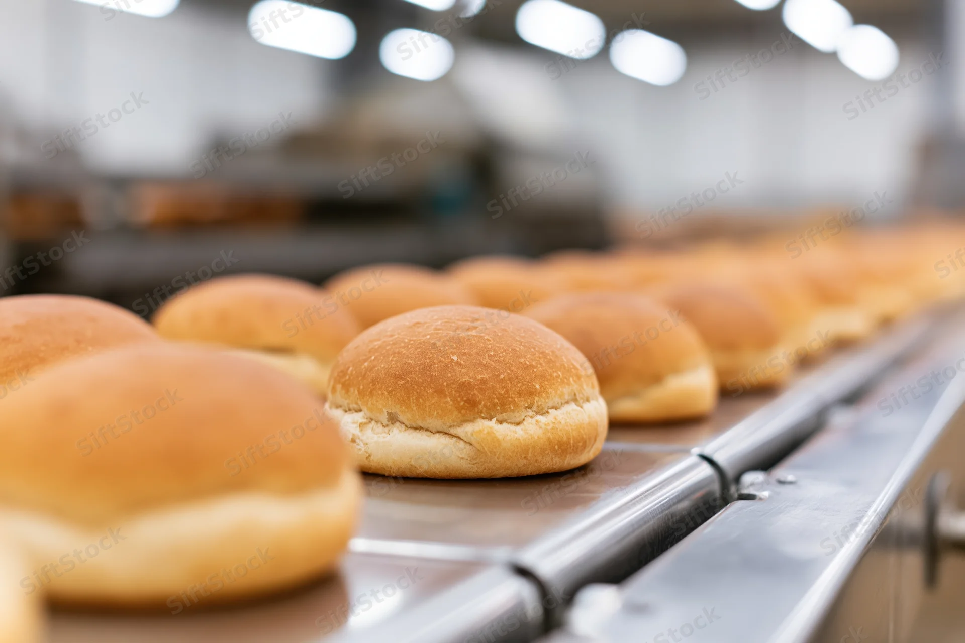 Freshly baked buns moving along a conveyor belt in a bakery factory