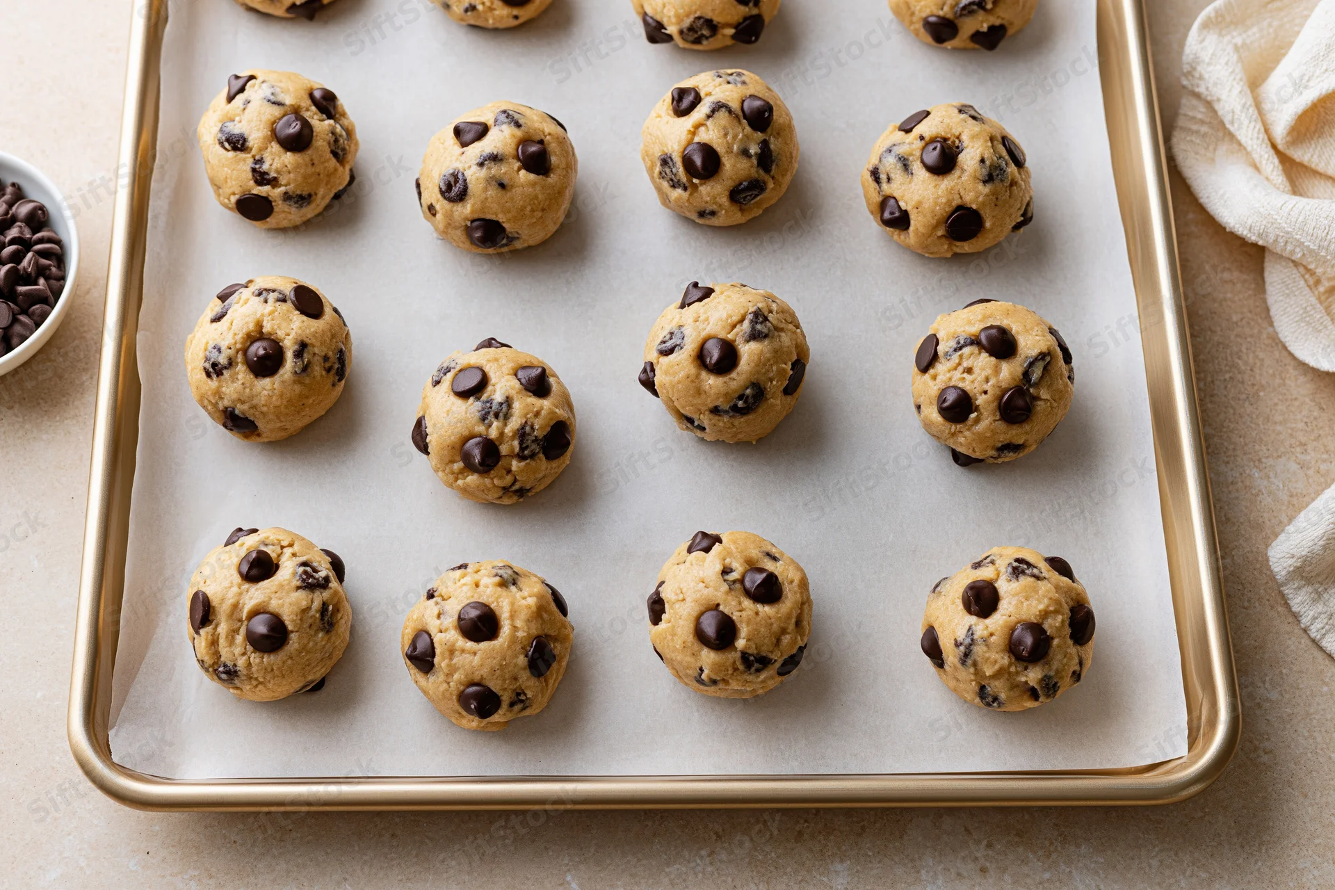Chocolate chip cookie dough balls arranged in rows on a parchment-lined baking tray