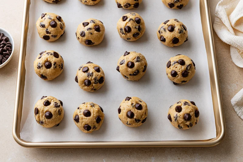 Chocolate chip cookie dough balls arranged in rows on a parchment-lined baking tray