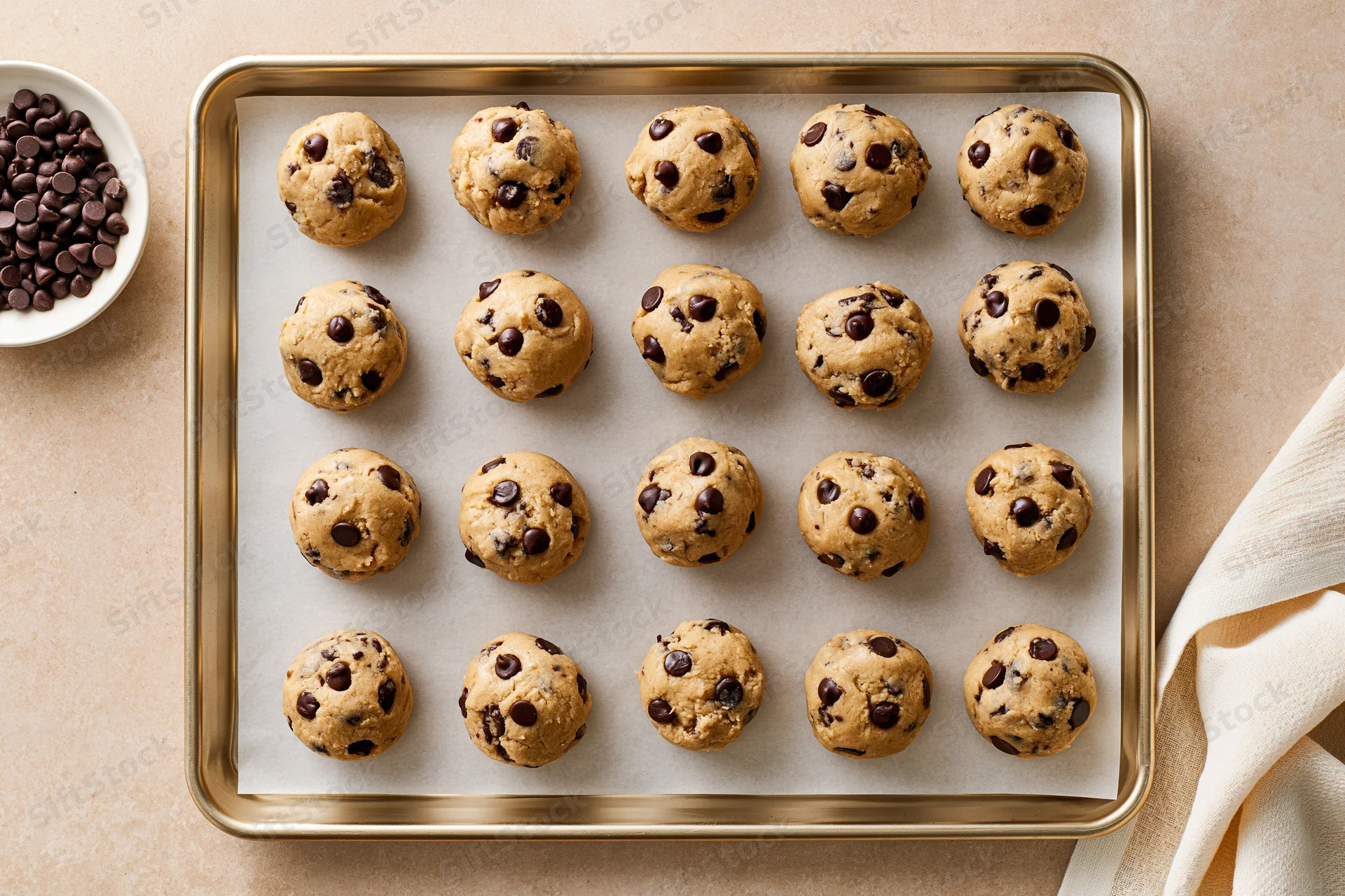 Chocolate chip cookie dough balls arranged in grid on parchment-lined baking tray with bowl of chocolate chips and cloth napkin beside