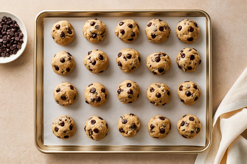 Chocolate chip cookie dough balls arranged in grid on parchment-lined baking tray with bowl of chocolate chips and cloth napkin beside