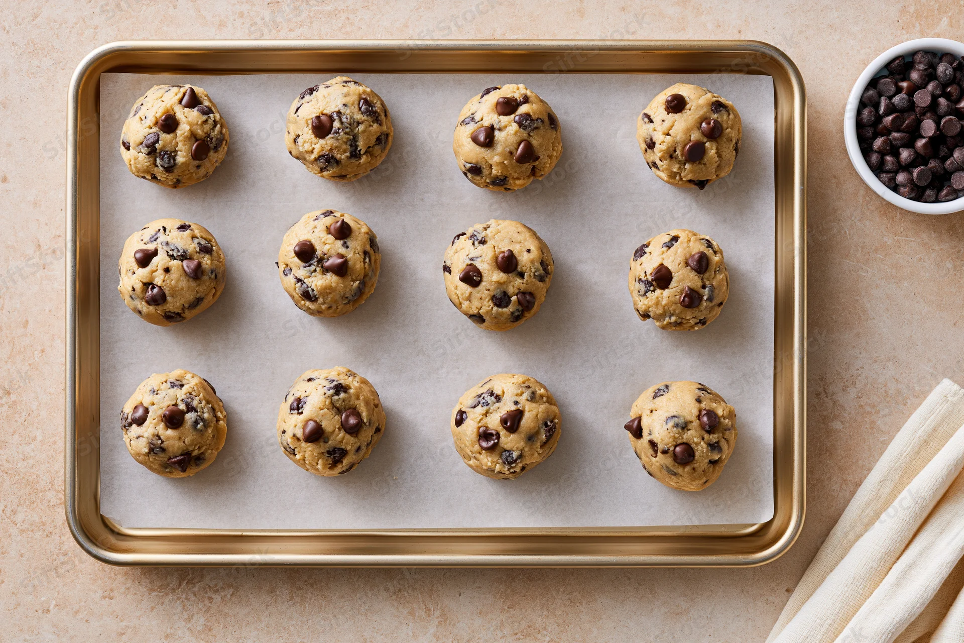 Uncooked chocolate chip cookie dough balls arranged in rows on a parchment-lined baking tray with chocolate chips and cloth napkin beside